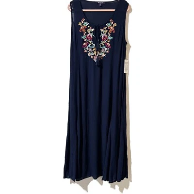 Roaman's Navy Crinkle Embroidered Midi / Maxi Dress Size 18 / 20 Unlined NWT - Image 1 of 4