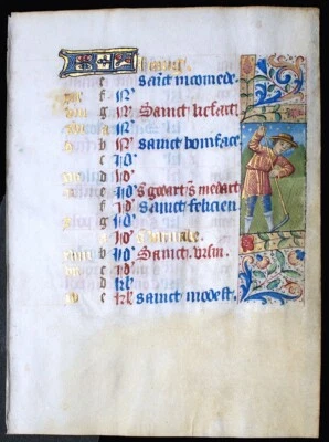 c. 1460 MEDIEVAL ILLUMINATED MANUSCRIPT HOURS LEAF - JUNE CALENDAR, 2MINIATURES - Image 1 of 4