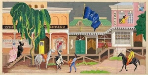 Vintage Mural Study -Western Town Boardwalk w/Opera House, Saloon, Hotel - IOOF - Picture 1 of 3