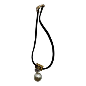 Vintage Black Velvet Choker Necklace w/ Pearl & Clear Crystal Pendant Gold Tone - Bild 1 von 5