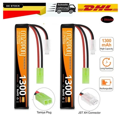 2 x 7,4V 1300mAh 2S1P Slim Airsoft Gun 25C Lipo Battery mit mini Tamiya Stecker - Bild 1 von 4