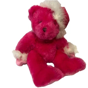 Vintage Plüsch rosa Teddybär Nikolausmütze weiß Fell Marabu Federbesatz GAC 1999 Fuß - Bild 1 von 7