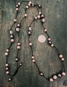 Vintage Necklace 44” Strand Macrame Imitation Pearls and Rhinestone Beads - Picture 1 of 8