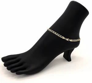 5mm PULSERA DE TOBILLO PLANA ITALIANA CADENA CUBANA 10" CHAPADA EN ORO 14K - Imagen 1 de 4