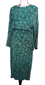 Maggy London Jeannene Booher Vintage Peplum Dress 80's Teal Black Floral Size 12 - Picture 1 of 6