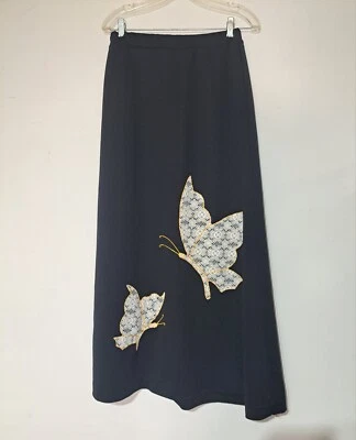 Vintage 1970s Black Maxi Skirt Butterfly Lace Applique 26" to 31" High Waist - Image 1 of 4