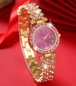 Fashionable Ladies Quartz Wrist Watch Alloy Round Rhinestones Elegant Pink Gold - Picture 1 of 5