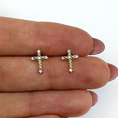 Aretes cruz amarilla blanca oro 10K diamantes naturales de 0,05 quilates 10 mm Foto 1 de 4