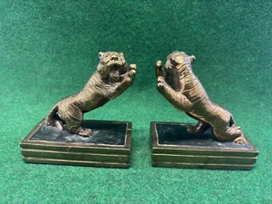 Antico fermalibri vintage in rame rivestito con tigre ruggente 6,75" metà secolo moderno - Foto 1 di 9