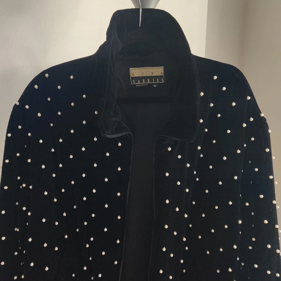 Винтажный Gina Gabriel женщин бархата бисером жемчуг шелковая смесь черный блейзер куртка - Изображение 1 из 4