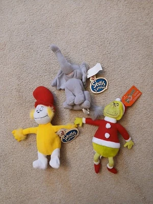 3 Vintage Dr Suess Landing Plush Toys Grinch Sam I Am Horton W/Tags - Image 1 of 4