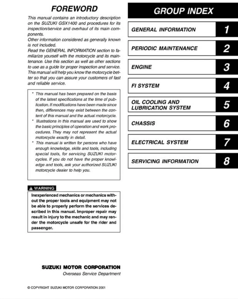 MANUALE REVISIONE OFFICINA RIPARAZIONE PDF SUZUKI GSX 1400 2002 Manuale - Immagine 1 di 1