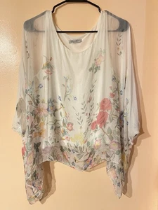 Elena Baldi Made in Italy Floral Sheer Poncho Top W Inner Lining100% Silk Size M - Picture 1 of 14