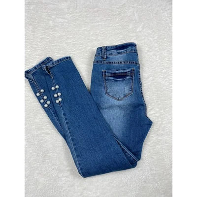 Jeans jeans feminino azul cacau tamanho 7 magro cintura alta pérola enfeitada azul - Imagem 1 de 4