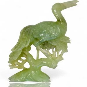 Antique Chinese Hand-Carved Light Green Jade Crane Bird Prunus Flower Sculpture - Picture 1 of 12