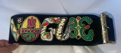 复古 80 年代 Emb. VOGUE 拼色 3 英寸宽黑色麂皮绒腰带精致黄铜扣 ~ XS — 第 1/4 张图片