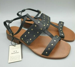 Sandalias de cuero real ZARA negras doradas tachonadas con correa al tobillo zapatos planos Reino Unido 6 39 £70 - Imagen 1 de 5