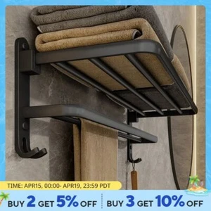 Wall Mounted Towel Rack-Matte Black 50CM Folding Aluminum Holder Hook Double Bar - Picture 1 of 12