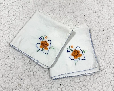 2 Vintage Cross Stitch Hankies Hand Stitched Handkerchief Embroidered Floral - Image 1 of 4