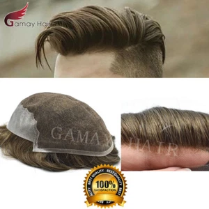 Mens Toupee French Lace Human Hair Front Bleached Knots Wig Hairpiece for Men Q6 - Picture 1 of 79