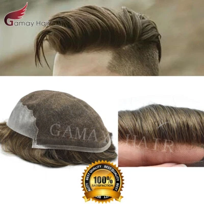 Mens Toupee French Lace Human Hair Front Bleached Knots Wig Hairpiece for Men - Image 1 of 4