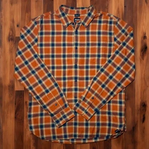 Prana Shirt Mens Medium Orange Plaid Flannel Casual Standard Fit Organic Cotton - Picture 1 of 7