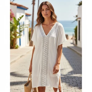 Kona Sol White Swim Cover Up vneck Pullover Lace Gauze Stretch Womens Large - Bild 1 von 3