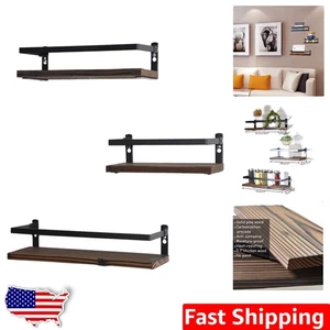 Stylish Set of 3 Wall Mounted Rustic Wood Shelves with Metal Design for Storage - Picture 1 of 8