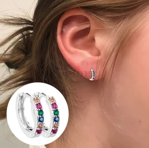 Mehrfarbige Silber Sterling Silber Knorpel Helix Huggie Kristall Creolen - Bild 1 von 9