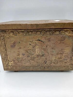 Vintage Brass Coal, Tinder, Kindling, Scuttle Box Ship Sailboat Scenes - Image 1 of 4