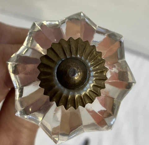 Antique Vintage Clear Glass Cabinet Knobs X 8 Brass Floral Overlay Screws Bolt Cover