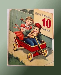 Vintage Greeting Card Birthday 10 Years Child 1940s Wagon Rust Craft Unused NOS - Picture 1 of 5