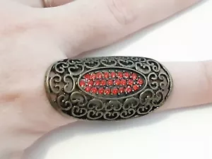 Statement Ring Filigree Red Rhinestone Bronze Toned Elastic Band Boho Western - Picture 1 of 9