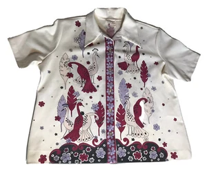 VTG USA Double Knit Button Up Peacock Print Tunic Jacket Shirt Border Hem Front  - Picture 1 of 7