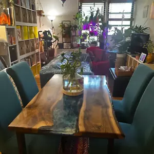 Gray Epoxy Resin Dining Table Top River Themed Live Edge Wood Counter Top Slab - Picture 1 of 11