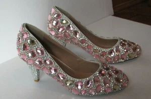 PINK CRYSTAL GYPSY WEDDING PARTY PUMPS SHOES WOMEN'S SIZE 7 (37) NEW SPARKLY - Picture 1 of 12