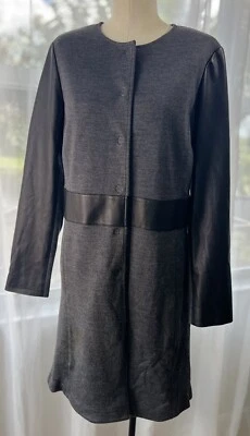 St John Collection Gray Textured Rayon Wool Leather Trim Coat Topper Size 12 - Image 1 of 4