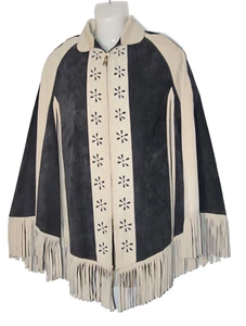 Vintage 'Genuine Leather' Brand Suede Poncho Cape Beige&Dark Grey Fringed Mexico - Picture 1 of 7