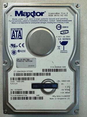 HP 332649-005 DIAMONDMAX PLUS 9 6Y080M0 80GB 7.2K RPM 8MB 1.5 Gb/s SATA 3.5" HDD - Image 1 of 4