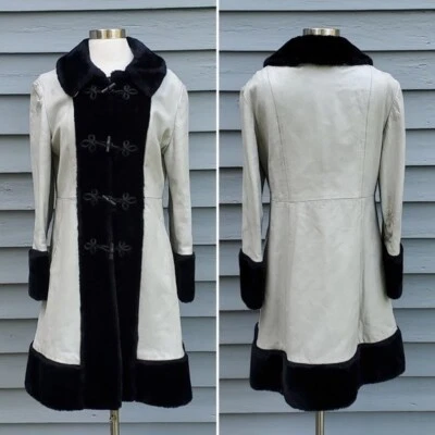 Vintage 70s Russian Princess Gray Leather Black Faux Fur Trim Toggle Coat Md - Image 1 of 4