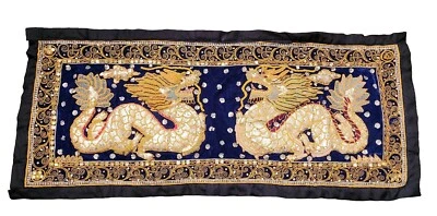 亚洲决斗龙卡拉加挂毯-头/亮片 41x18 英寸 Blk 真丝/蓝天鹅绒 — 第 1/4 张图片