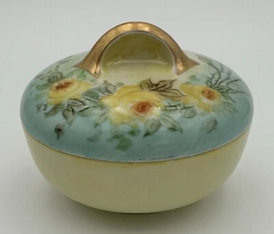 古董 MZ 澳大利亚手绘花卉圆形小饰品盒  — 第 1/4 张图片