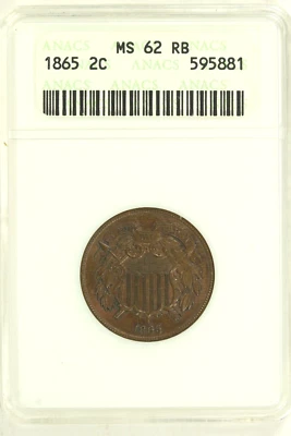 1865 Two Cent Piece : ANACS MS62RB - Image 1 of 4
