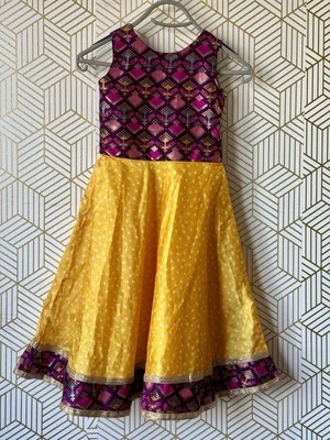 Girls Indian Pakistani Traditional Dress Yellow & Purple Wedding girls size 6-7 - Image 1 of 4