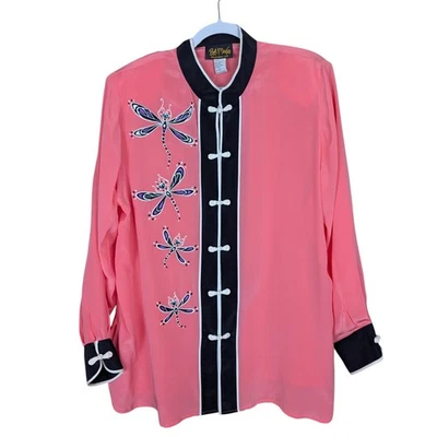 De Colección Bob Mackie Usable Arte Para Mujer 1X Blusa Rosa Seda Top Mandarín Libélula Foto 1 de 4