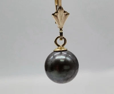FIC 14k Yellow Gold Black Pearl Dangle Leverback Earrings 1.8g Elegant Design - Image 1 of 4