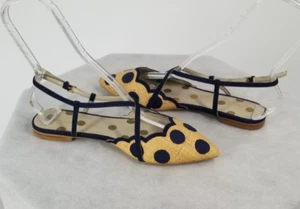 Boden Christina Rafia Polka Dot Slingback Flats Shoes US 8 EU 39 Natural & Navy - Picture 1 of 5