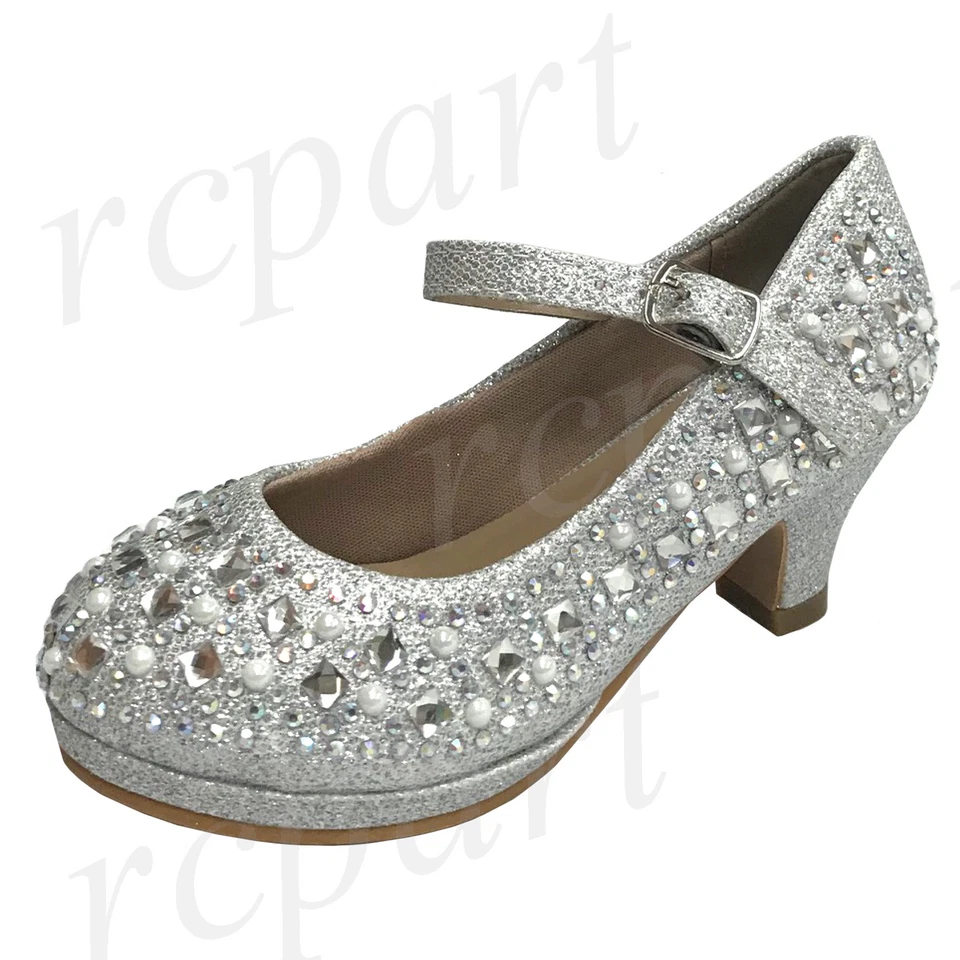 Nuevo Niña Niños Cuentas Vestido Formal Boda Zapatos Plata Estrás Hebilla  Foto 1 de 1