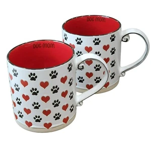 DOG MOM Coffee Mug Set Of 2 Red Hearts And Black Dog Paw Prints Engraved 16 Oz - Picture 1 of 14