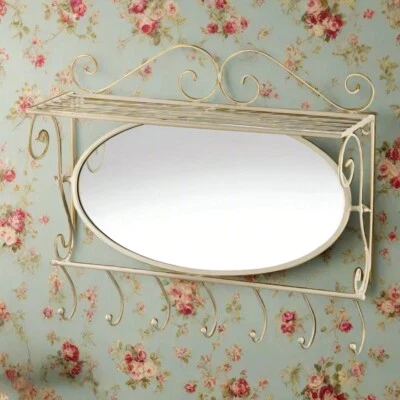 Wall Mirror White Display Shelf with 7 Iron Hanging Hooks Ornate Frame 20x6x17" - Image 1 of 4